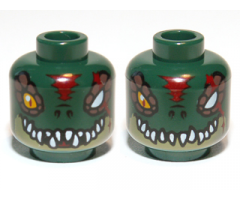 Minifigure, Head Dual Sided Alien Chima Crocodile with Bright Light Orange Eye, Missing Eye, Red Forehead and Scar, Olive Green Lower Jaw, and White Sharp Teeth, Open / Closed Mouth Pattern