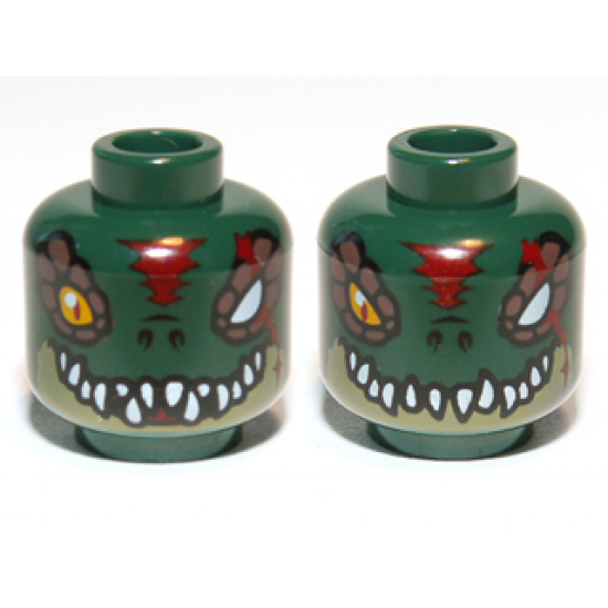 Minifigure, Head Dual Sided Alien Chima Crocodile with Bright Light Orange Eye, Missing Eye, Red Forehead and Scar, Olive Green Lower Jaw, and White Sharp Teeth, Open / Closed Mouth Pattern