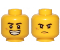 Minifigure, Head Dual Sided Black Eyebrows, Cheek Scar, Large Smile with Teeth / Grumpy Pattern