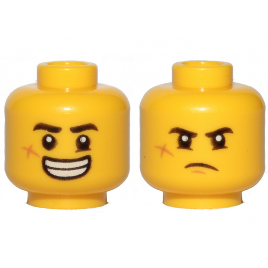 Minifigure, Head Dual Sided Black Eyebrows, Cheek Scar, Large Smile with Teeth / Grumpy Pattern