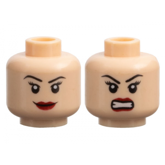 Minifigure, Head Dual Sided Female Black Eyebrows, Eyelashes, Dark Red Lips, Grin / Angry Bared Teeth Pattern