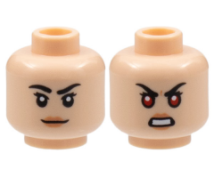 Minifigure, Head Dual Sided Female Black Eyebrows, Short Eyelashes, Nougat Lips, Grin / Bared Teeth and Red Eyes Pattern
