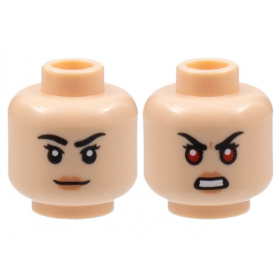 Minifigure, Head Dual Sided Female Black Eyebrows, Short Eyelashes, Nougat Lips, Grin / Bared Teeth and Red Eyes Pattern