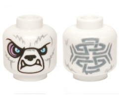 Minifigure, Head Alien Chima Bear with Black Nose, Bright Light Blue Eyes, Light Bluish Gray Fur, Medium Lavender Sinews, Lower Fangs, and Sand Blue Tribal Markings Pattern
