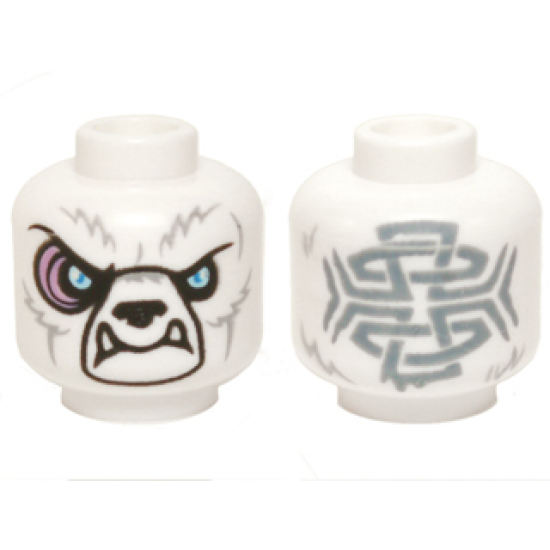 Minifigure, Head Alien Chima Bear with Black Nose, Bright Light Blue Eyes, Light Bluish Gray Fur, Medium Lavender Sinews, Lower Fangs, and Sand Blue Tribal Markings Pattern