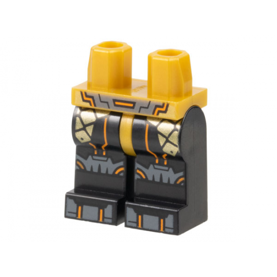 Hips and Black Legs with Dark Bluish Gray Belt, Knee Pads, and Shoe Tips, Gold Armor Plates, Orange Trim Pattern