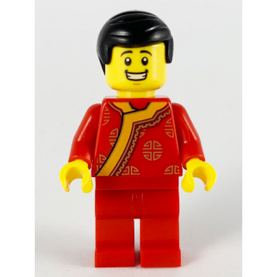 Toy Vendor, Black Hair, Red Changshan with Bright Light Orange Wide Hem, Gold Circles Pattern