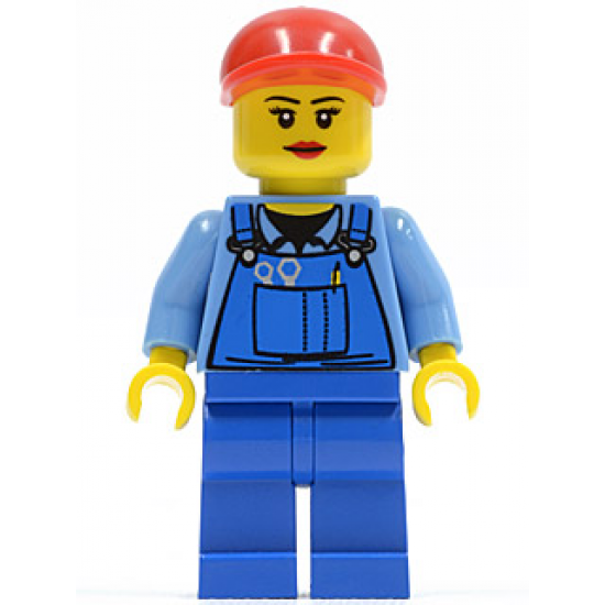 Overalls with Tools in Pocket Blue, Red Short Bill Cap, Eyelashes and Red Lips