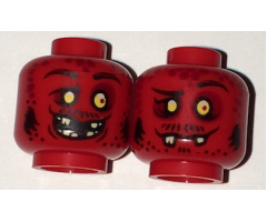 Minifigure, Head Dual Sided Alien Black Eyebrows, Yellow Eyes, Dark Red Spots, Broken Fangs, Goofy Open Smile Teeth / Closed Mouth Pattern