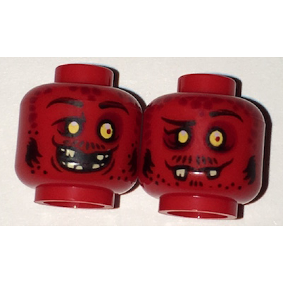 Minifigure, Head Dual Sided Alien Black Eyebrows, Yellow Eyes, Dark Red Spots, Broken Fangs, Goofy Open Smile Teeth / Closed Mouth Pattern