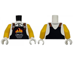 Torso Black Overalls with Burger Outline, Red and Bright Light Orange Flames and Dark Orange Straps over Shirt Pattern / Yellow Arms / White Hands