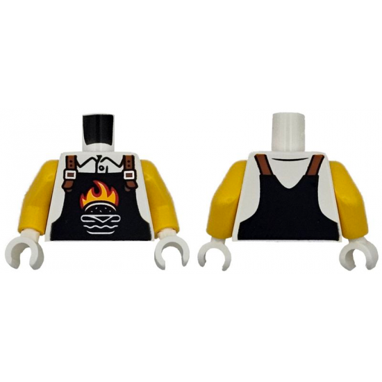 Torso Black Overalls with Burger Outline, Red and Bright Light Orange Flames and Dark Orange Straps over Shirt Pattern / Yellow Arms / White Hands