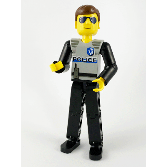 Technic Figure Black Legs, Light Gray Top with Police Pattern, Black Arms