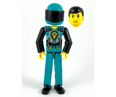 Technic Figure Dark Turquoise Legs, Dark Turquoise Torso with Yellow, Black, Silver Pattern, Black Arms, Dark Turquoise Helmet, Black Visor