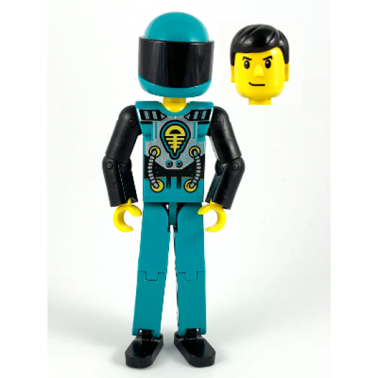Technic Figure Dark Turquoise Legs, Dark Turquoise Torso with Yellow, Black, Silver Pattern, Black Arms, Dark Turquoise Helmet, Black Visor