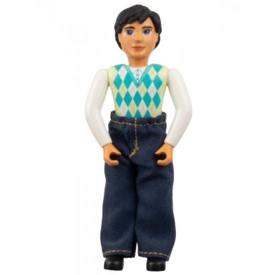 Belville Male - Black Legs, White Arms, Light Lime / Turquoise / White Argyle Top, Black Hair, Jeans