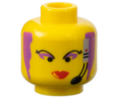Minifigure, Head Female with Black Thin Eyebrows, Purple Hair and Eye Shadow, Headset with Microphone, and Red Lips Narrow Pattern