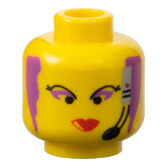 Minifigure, Head Female with Black Thin Eyebrows, Purple Hair and Eye Shadow, Headset with Microphone, and Red Lips Narrow Pattern