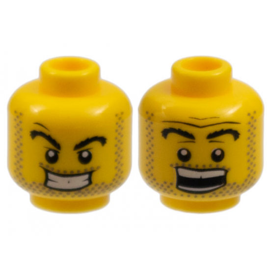 Minifigure, Head Dual Sided Power Miner Thick Eyebrows and Stubble, Evil Grin / Surprised Pattern