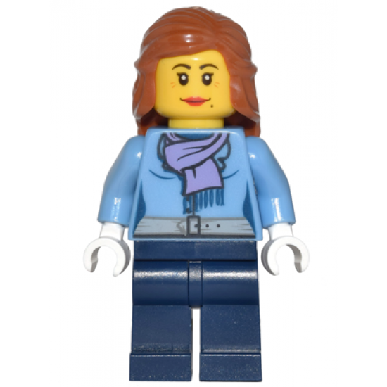 Medium Blue Jacket with Light Purple Scarf, Dark Blue Legs, Dark Orange Female Hair Mid-Length