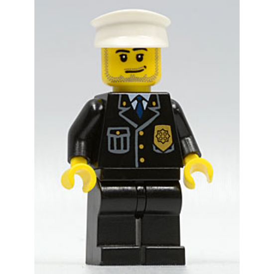 Police - City Suit with Blue Tie and Badge, Black Legs, White Hat, Smirk and Stubble Beard