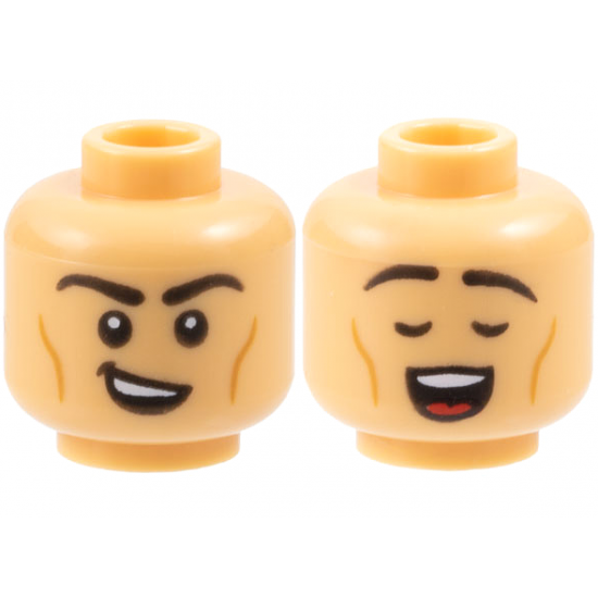 Minifigure, Head Dual Sided Black Eyebrows, Medium Nougat Cheek Lines, Lopsided Open Mouth Smile / Closed Eyes, Singing Pattern
