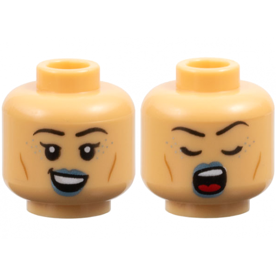 Minifigure, Head Dual Sided Female Black Eyebrows, Metallic Light Blue Lips and Spots, Cheek Lines, Open Mouth Smile / Singing with Closed Eyes Pattern