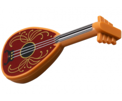 Minifigure, Utensil Musical Instrument, Lute with Black Neck, Silver Strings, and Dark Red Body with Gold Filigree Trim Pattern