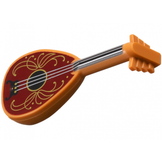 Minifigure, Utensil Musical Instrument, Lute with Black Neck, Silver Strings, and Dark Red Body with Gold Filigree Trim Pattern
