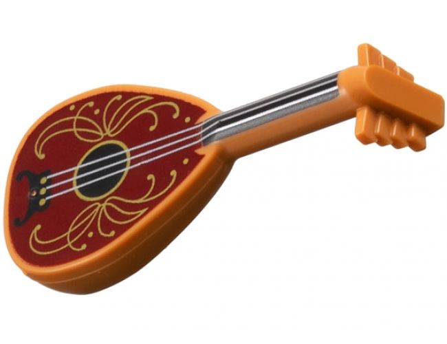 Minifigure, Utensil Musical Instrument, Lute with Black Neck, Silver Strings, and Dark Red Body with Gold Filigree Trim Pattern