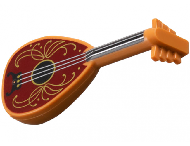 Minifigure, Utensil Musical Instrument, Lute with Black Neck, Silver Strings, and Dark Red Body with Gold Filigree Trim Pattern