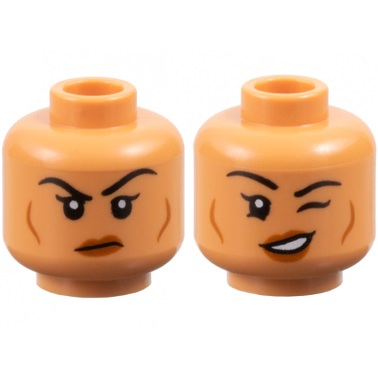Minifigure, Head Dual Sided Female Black Eyebrows, Dark Orange Lips and Cheek Lines, Frown / Lopsided Open Mouth Smile and Wink Pattern