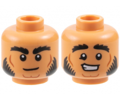 Minifigure, Head Dual Sided Black Bushy Eyebrows and Sideburns, Medium Nougat Contour Lines, Neutral / Worried Open Mouth Smile Pattern