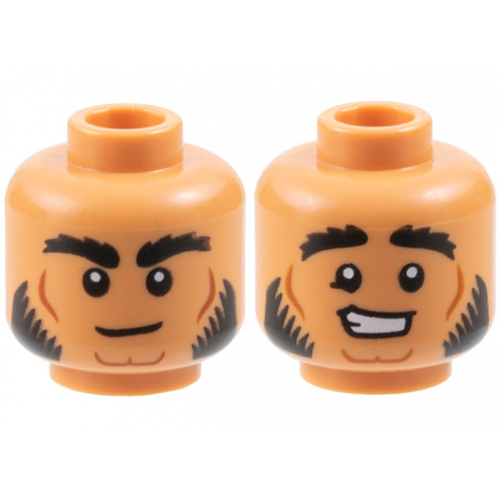 Minifigure, Head Dual Sided Black Bushy Eyebrows and Sideburns, Medium Nougat Contour Lines, Neutral / Worried Open Mouth Smile Pattern