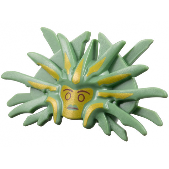Minifigure, Headgear Mask with 2 Blades and 19 Spikes with Gold Face and Highlights, Dark Red Eyebrows, Eyes and Mouth Pattern - Flexible Rubber
