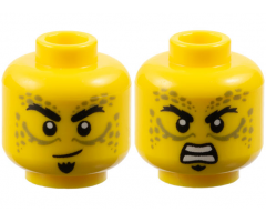 Minifigure, Head Dual Sided Black Eyebrows, Soul Patch, Olive Green Spots and Lines, Lopsided Grin / Open Mouth Scowl with Teeth Pattern