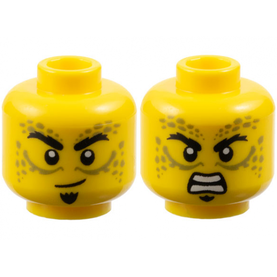 Minifigure, Head Dual Sided Black Eyebrows, Soul Patch, Olive Green Spots and Lines, Lopsided Grin / Open Mouth Scowl with Teeth Pattern