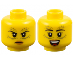 Minifigure, Head Dual Sided Female Black Eyebrows, Olive Green Spots and Lines, Medium Nougat Lips, Angry Frown / Open Mouth Smile Pattern