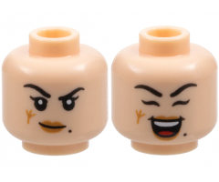 Minifigure, Head Dual Sided Female Black Eyebrows, Beauty Mark, Medium Nougat Lips, Scar, Lopsided Grin / Open Mouth Smile and Closed Eyes Pattern