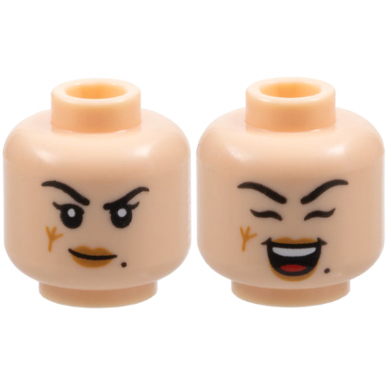 Minifigure, Head Dual Sided Female Black Eyebrows, Beauty Mark, Medium Nougat Lips, Scar, Lopsided Grin / Open Mouth Smile and Closed Eyes Pattern