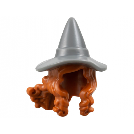 Minifigure, Hair Combo, Hair with Hat, Long Hair with 2 Braids over Shoulders with Molded Dark Bluish Gray Witch Hat Pattern
