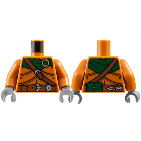 Torso Armor Plates, Dark Green Scarf, Gold Ring, Reddish Brown Belts, Silver Buckles, Pouch on Back Pattern / Dark Orange Arms / Dark Bluish Gray Hands