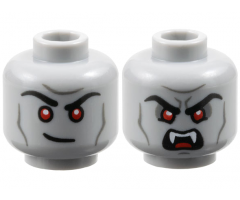 Minifigure, Head Dual Sided Black Eyebrows, Red Eyes, Dark Bluish Gray Contours, Lopsided Grin / Scowl with Open Mouth and Fangs Pattern
