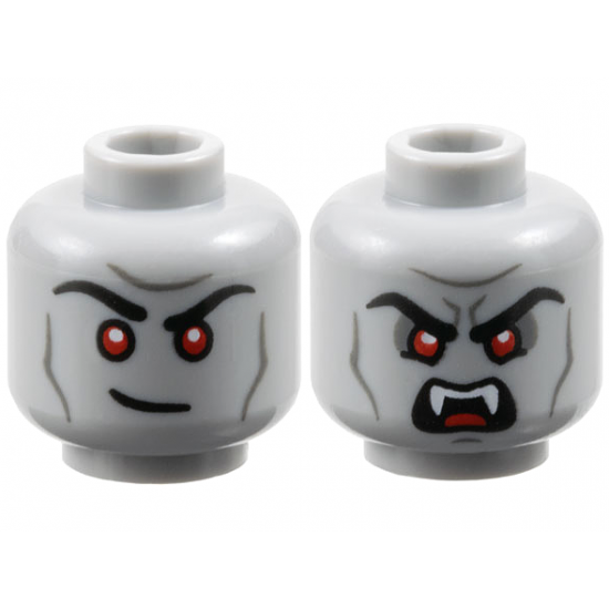Minifigure, Head Dual Sided Black Eyebrows, Red Eyes, Dark Bluish Gray Contours, Lopsided Grin / Scowl with Open Mouth and Fangs Pattern
