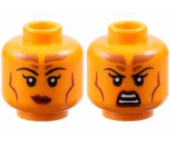 Minifigure, Head Dual Sided Female Black Eyebrows, Dark Orange Forehead Markings, Dark Red Lips and Contour Lines, Lopsided Grin / Scowl Pattern
