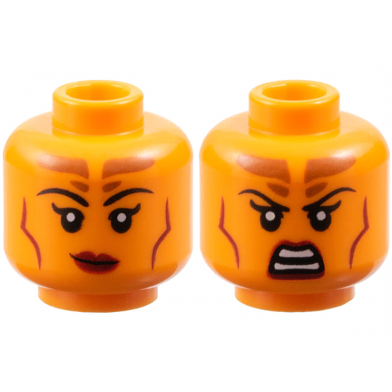 Minifigure, Head Dual Sided Female Black Eyebrows, Dark Orange Forehead Markings, Dark Red Lips and Contour Lines, Lopsided Grin / Scowl Pattern