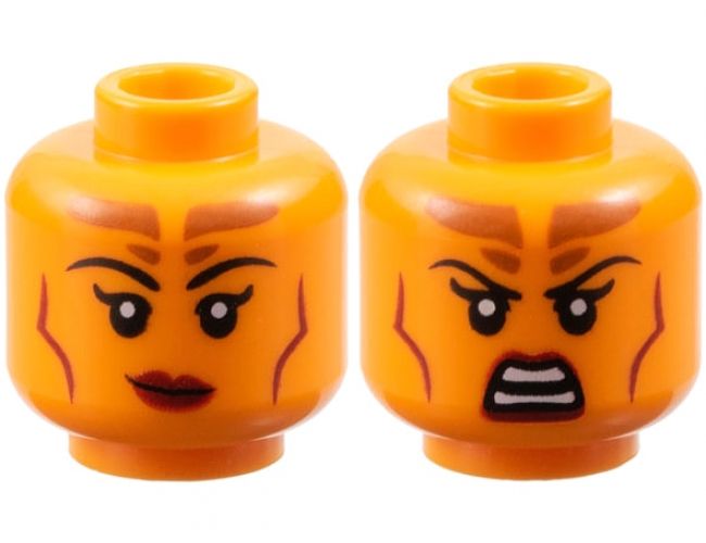 Minifigure, Head Dual Sided Female Black Eyebrows, Dark Orange Forehead Markings, Dark Red Lips and Contour Lines, Lopsided Grin / Scowl Pattern