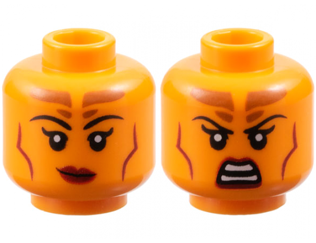 Minifigure, Head Dual Sided Female Black Eyebrows, Dark Orange Forehead Markings, Dark Red Lips and Contour Lines, Lopsided Grin / Scowl Pattern
