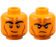 Minifigure, Head Dual Sided Black Bushy Eyebrows, Dark Orange Forehead Markings, Dark Red Contour Lines, Lopsided Grin / Frown Pattern