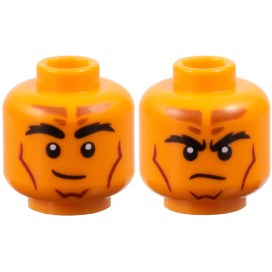 Minifigure, Head Dual Sided Black Bushy Eyebrows, Dark Orange Forehead Markings, Dark Red Contour Lines, Lopsided Grin / Frown Pattern